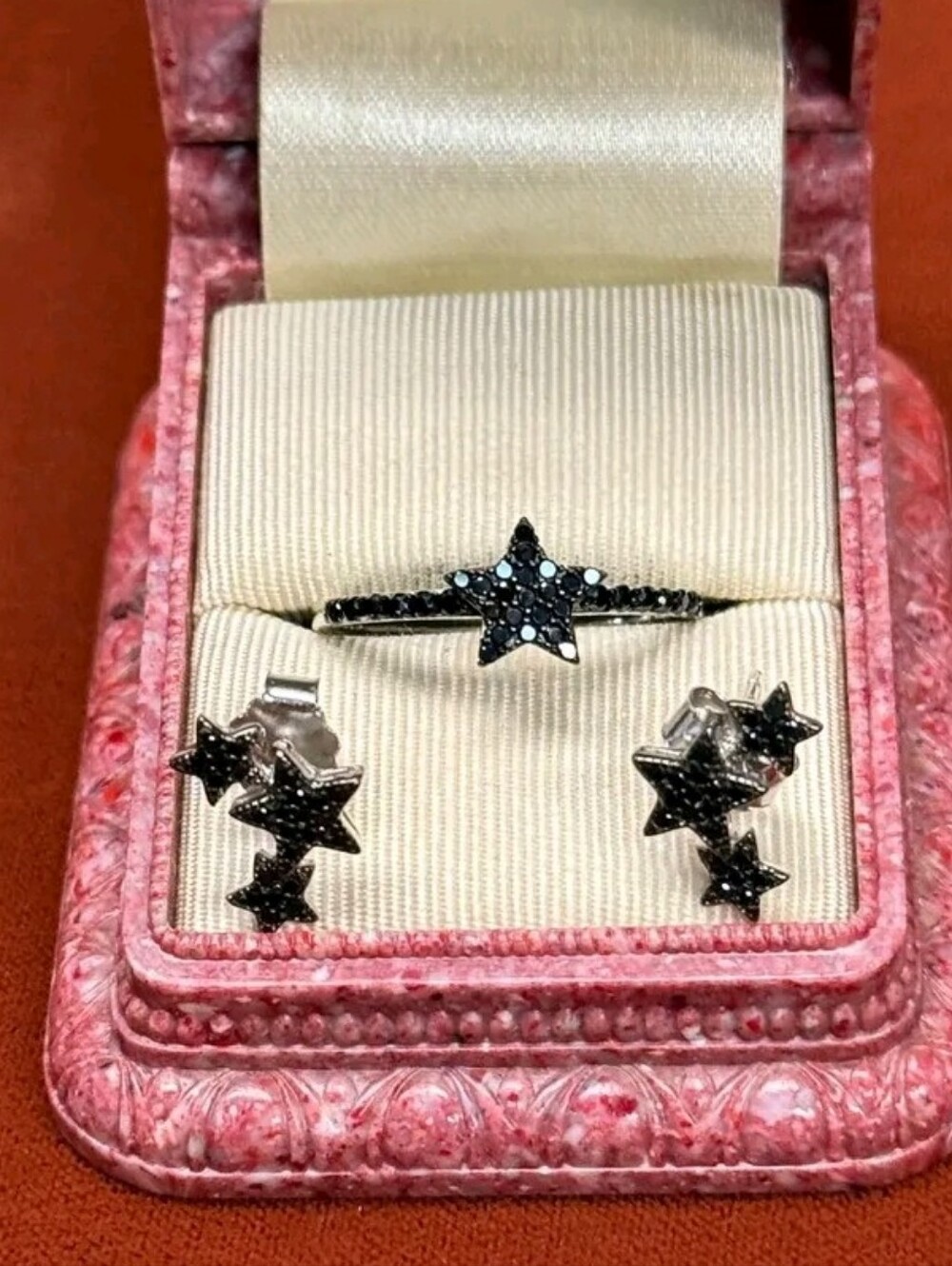 Sterling Silver Black Spinel Star Ring SZ 9 & Earring Set